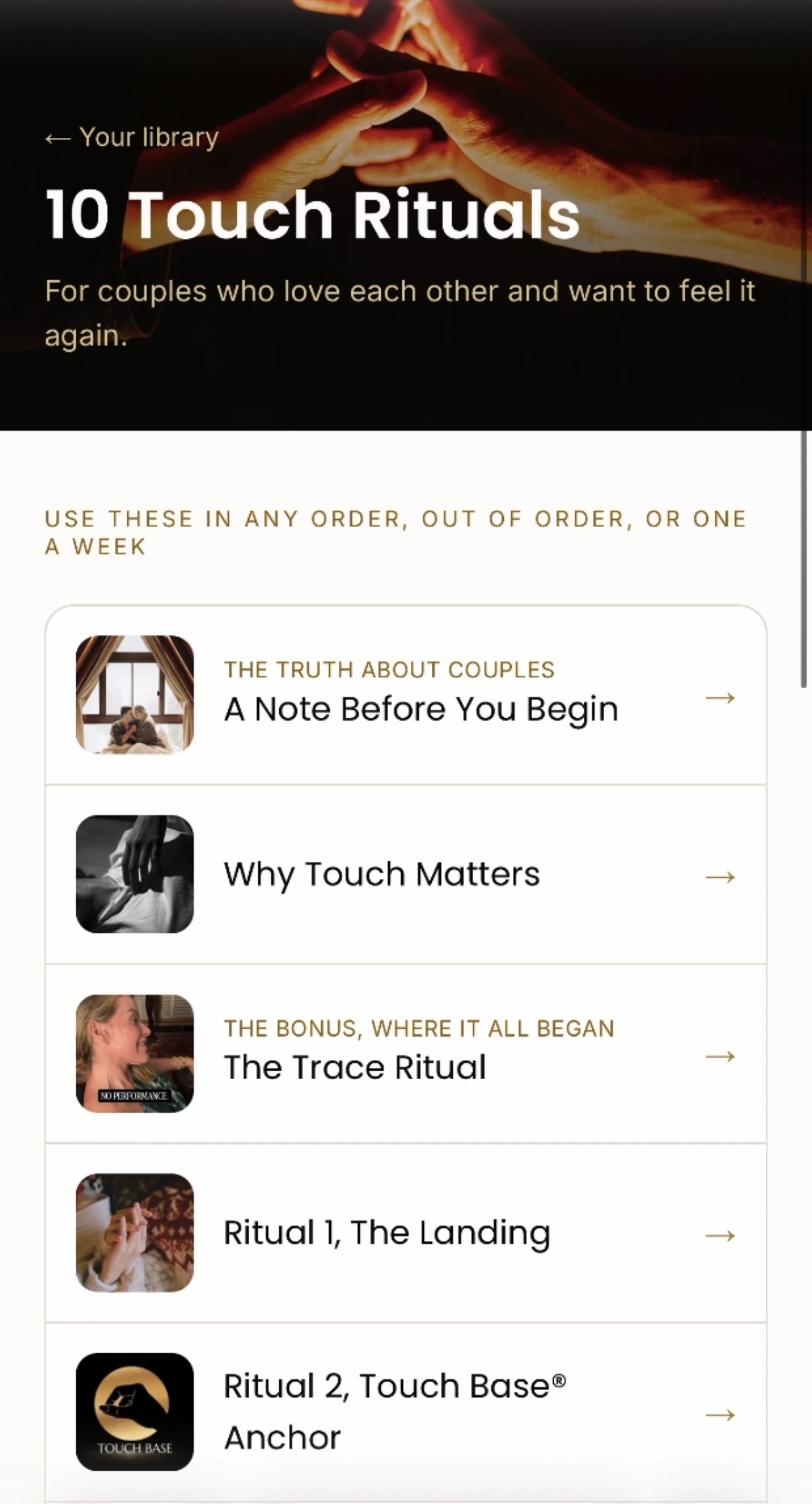 The 10 Touch Rituals inside the app, your library screen