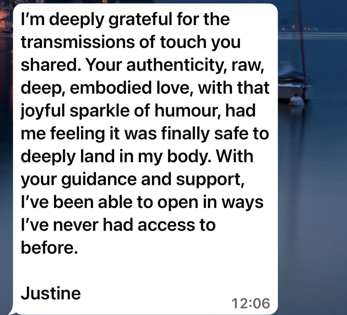 Client message from Justine about landing in her body